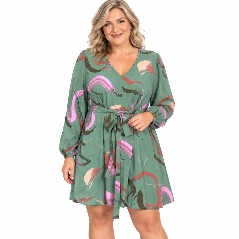 Nine West Green Swirl Print Long Sleeve Rayon V-Neck Tie Waist Dress NWT sz XXL
